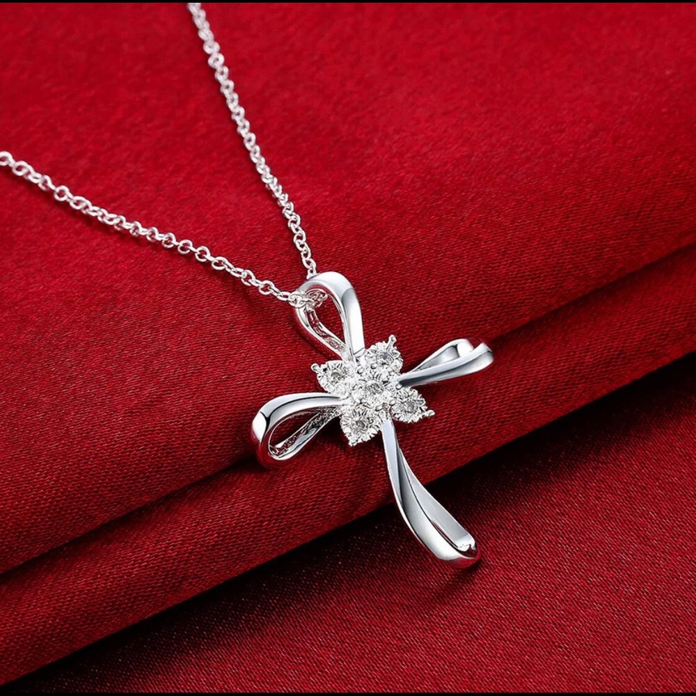 Silver Zirconia Cross Bowknot Pendant Necklace 18”